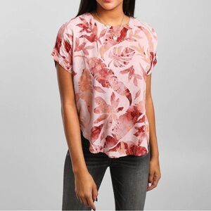 Floral Pink Hi Low Top Blouse Oversized Cottagecore Boho Women's Size M Coastal